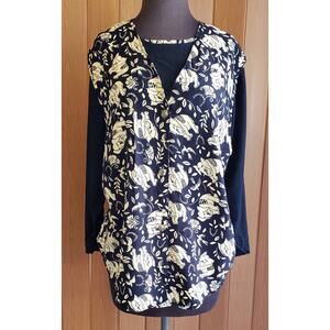 BonWorth medium black & gold Elephants and birds button up long sleeve blouse